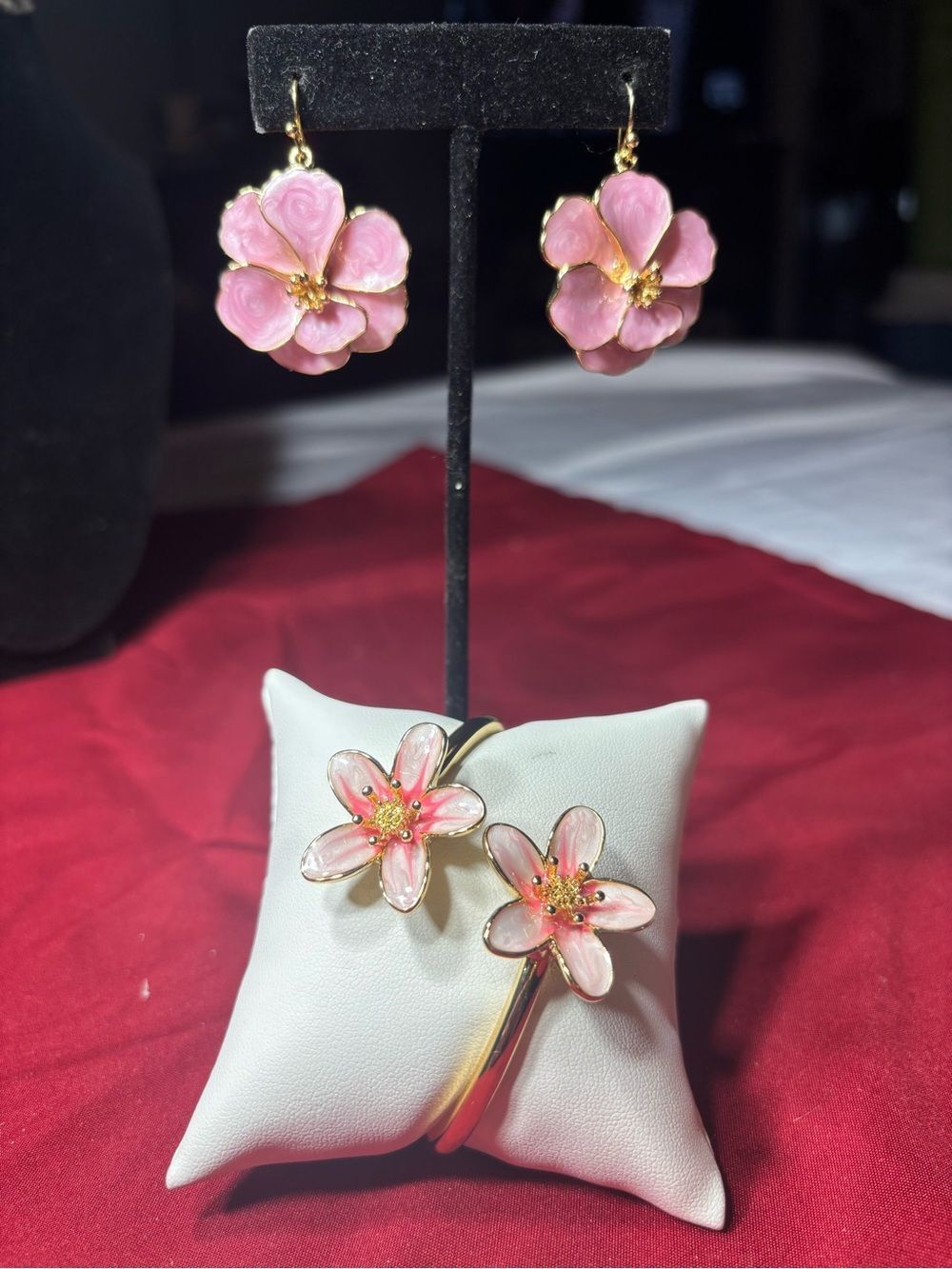 New Pink Floral Enamel Drop Earrings &   Bracelet